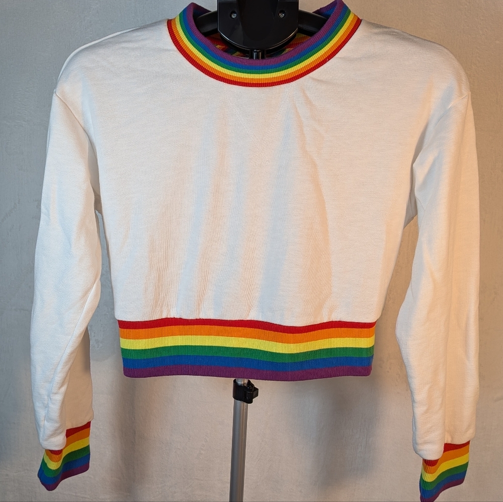 Rainbow Trim Cropped Long Sleeve Top | Pride Retro Y2K White Sweatshirt - Picture 5 of 5